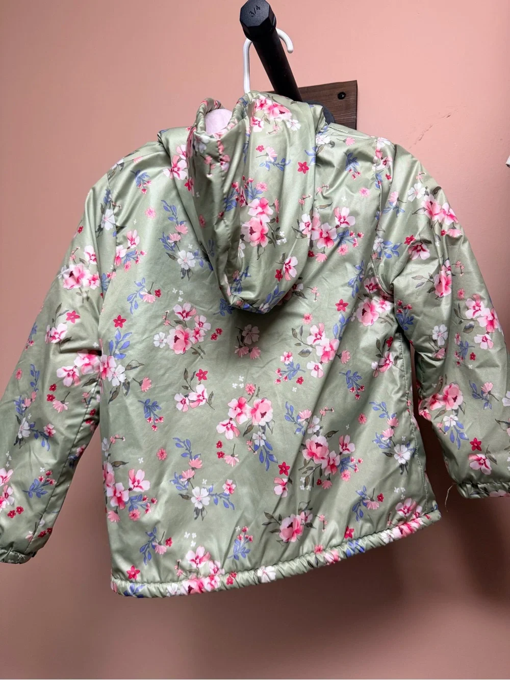 Penelope Mack Girls' Floral Hooded Raincoat - Sage Green & Pink